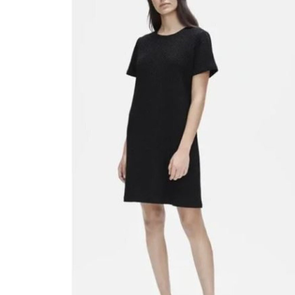 EILEEN FISHER honeycomb black dress‎ size M short sleeve organic cotton